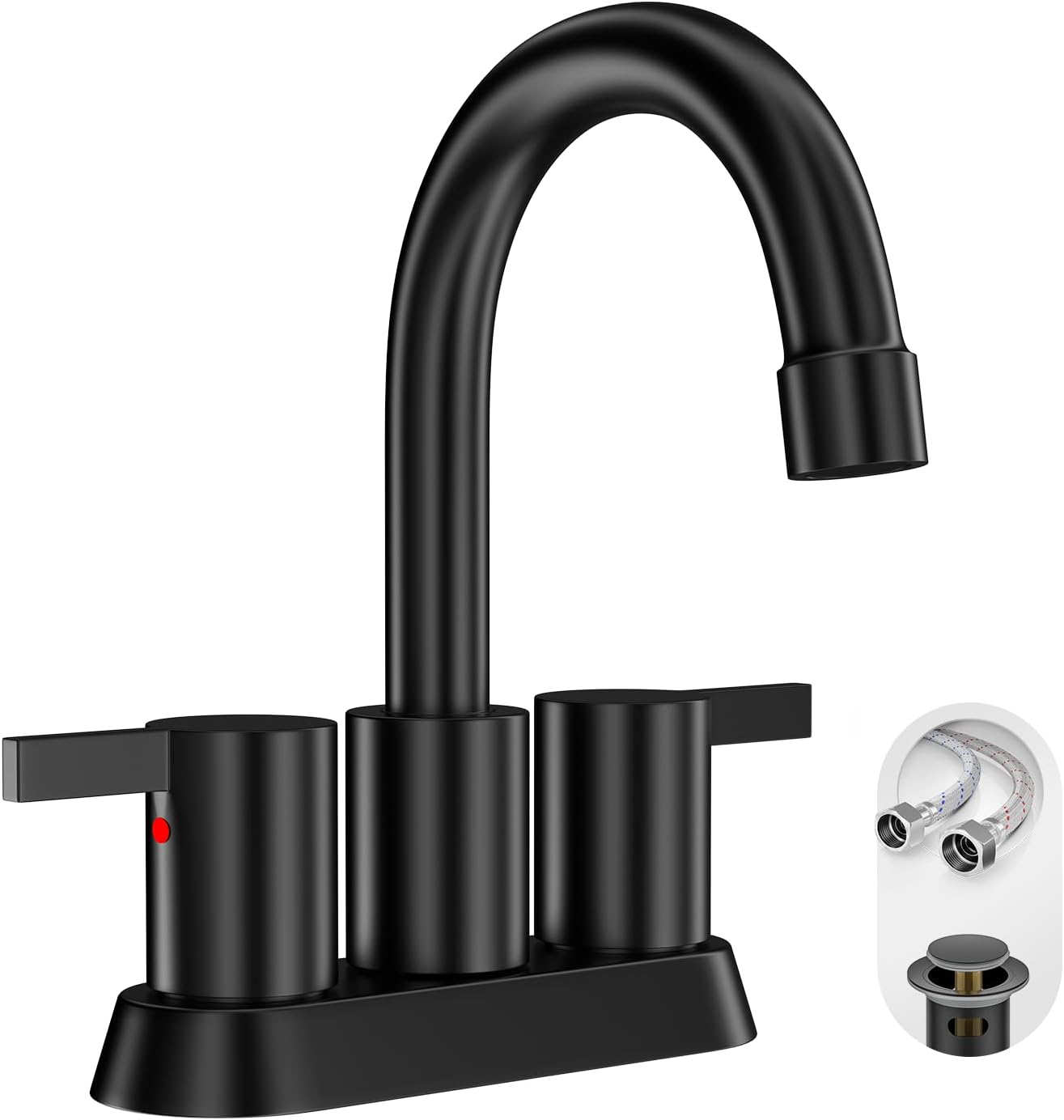 Phiestina 4 Inch 2 Handle Centerset Matte Black Lead-Free Modern Bathroom Faucet, 360 Swivel Spout 2-3 Hole RV Bathroom Vanity Sink Faucet with Pop Up Drain and Water Supply Lines,BF015-1-MB