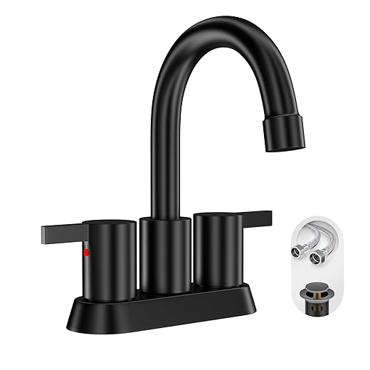4 Inch 2 Handle Centerset Matte Black Lead-Free Modern Bathroom Faucet By Phiestina, 360 Swivel Spout 2-3 Hole Bathroom Vanity Sink Faucet with Copper Pop Up Drain and 2 Water Supply Lines, BF015-1-MB
