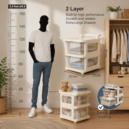 Image of URBAN LUXY Plastic Storage Drawer Organizer with Wheels | Multi-Purpose Chest of Drawers for Home, Office & Bedroom | Clothes, Toys & Stationery Organizer ((Ivory & Brown), 2 Layer)
