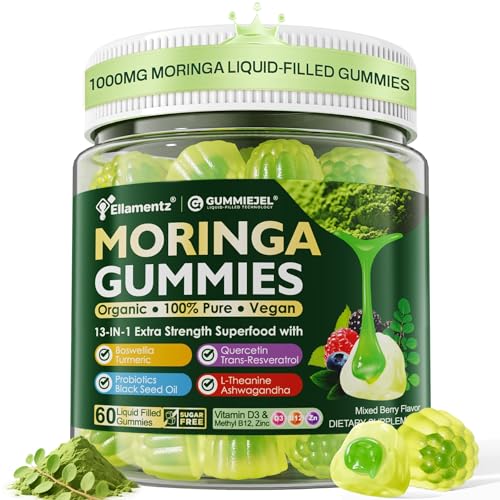Moringa Gummies 1000mg for Women & Men Sugar-Free 13-in-1 Superfood with Turmeric Ashwagandha Trans-Resveratrol VB12 D3 Pure Moringa Leaf Supplement for Energy Immune Skin Antioxidant 60 Chews