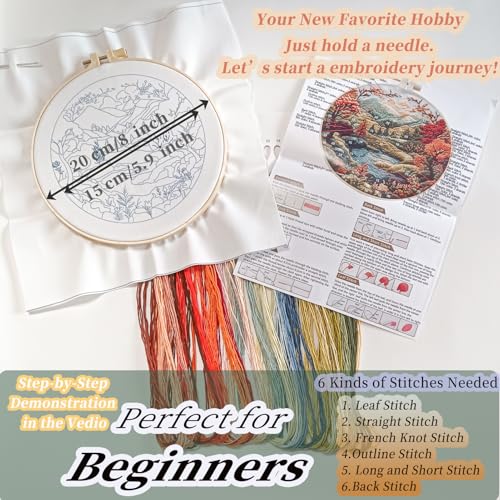 Image of FONNUY Embroidery Kit for Beginners, Boho Nature Landscape Pre-Stamped Pattern Kits for Adults with Hoop, Easy to Follow Color Thread Needlework, 8'' Hoop (Flowers Hills)