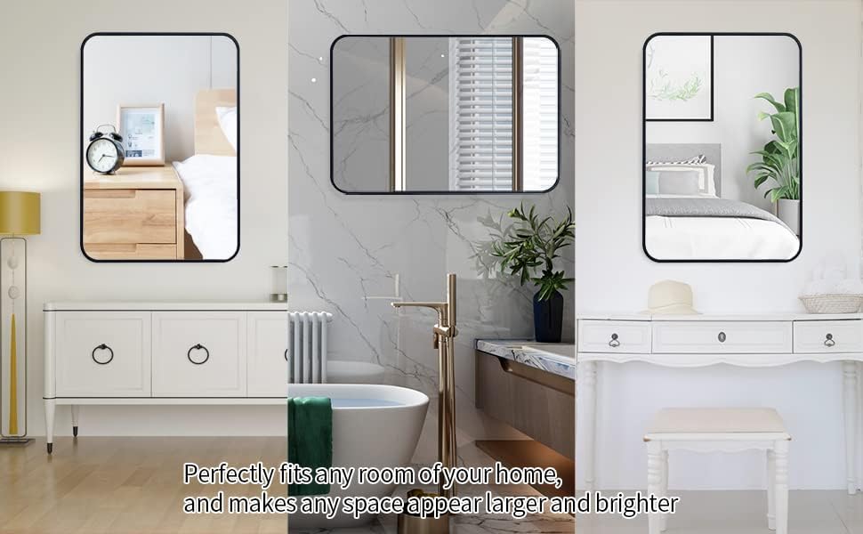 Miniatura 3 de Mlenervg Espejo de baño negro, marco de metal de aleación de aluminio de 22 x 30 pulgadas, montado en la pared con esquina redondeada para el hogar,