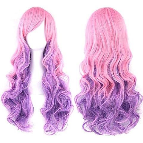 IMISSU 26'' Long Curly Natural Hair Cosplay Wig with Bangs Colorful Halloween Costume Party Wigs for Women (Pink Purple) Cover