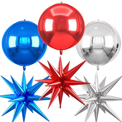 Image of 6pcs 22 inch Blue Silver Red Star Balloons and 4D Large Foil Balloons, Red Silver Star Balloon Dark Blue 4D Foil Aluminum Balloon For Birthday Baby Shower Independence Day Party Wedding Decorations