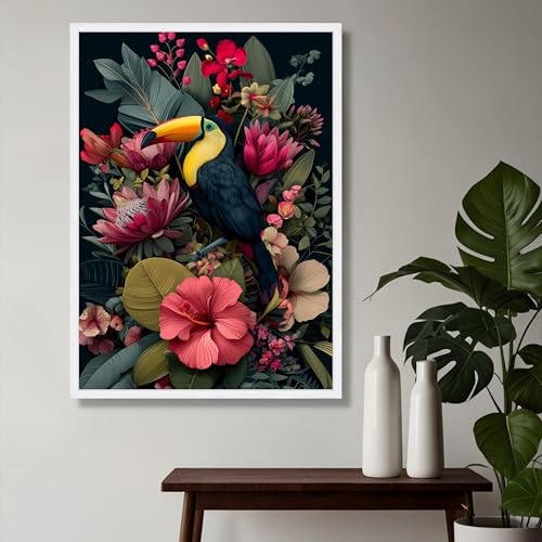 Imprimé oiseau exotique de qualité sur grande toile fleur