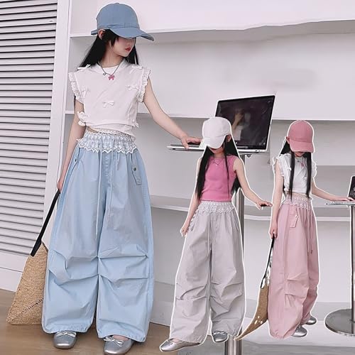 Girls Lace High Waist Parachute Pants Baggy Wide Leg Thin Casual Cargo Trousers with Pockets Teen Kids 𝐃rawstring Pants3