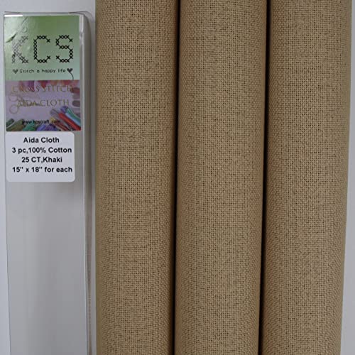 Image of KCS 3 pc of 15 inch x 18 inch Counted Cross Stitch Cotton Aida Cloth Needlework Fabric,25CT,Khaki