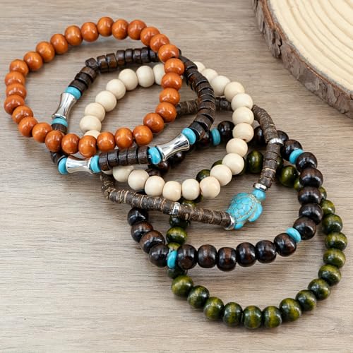 6-Piece, Boho Wooden Beaded Bracelet Set,Multi-Color withTurtle Charm, Unisex2