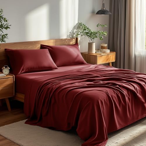 Deconovo King Sheet Set – 4‑Piece Brushed Microfiber Bedding with Deep 16 inch Pocket, Soft & Durable Sheets, All‑Around Elastic Fitted, Machine Washable – 1 Flat, 1 Fitted, 2 Pillowcases, Burgundy