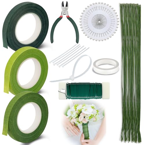 Wullina Floral Tape and Floral Wire Boutonniere Kit with Green Floral Tape 22 Gauge Paddle Wire 26 Gauge Stem Wire Cutter for Corsage Boutonniere Supplies