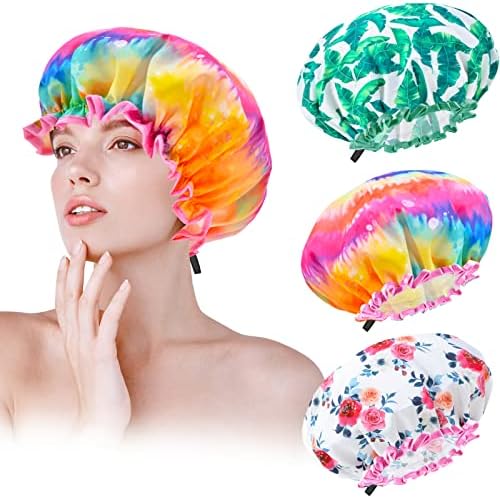 Shower Cap for Women, 3 Pcs Adjustable Extra Large Shower Cap for Long Hair Reusable Double Waterproof Layers, Washable Plastic Shower Cap, Shower Hat for Women All Hair lengths Ladies Beauty Salon Spa (L)