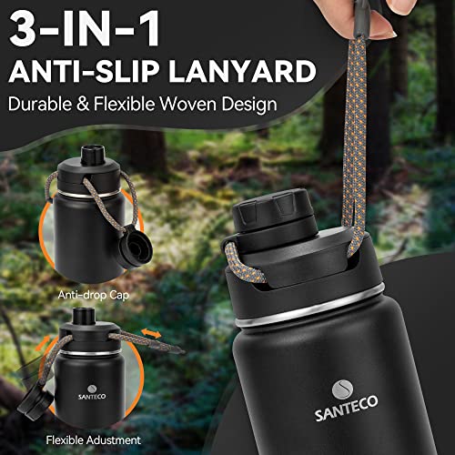 Insulated Water Bottles 24 Oz, Santeco Stainless Steel Bottles With Lanyard & Wide Mouth Spout Lid, Leak Proof, Double Wall Vacuum Water Bottle, Keep Drinks Hot & Cold For Hiking Camping - Black #TOP2