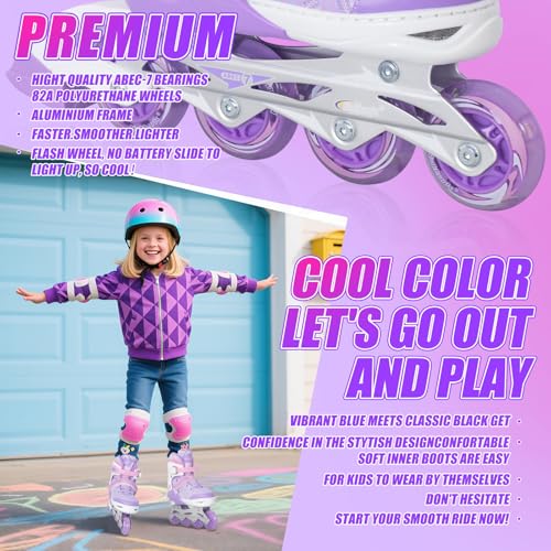 Image of Nattork Adjustable Inline Skates for Tollder Girls with Light up Wheels - Purple Little Kids Blade Roller Skating for Beginners Size 10J 11J 12J Ages 4 5 6