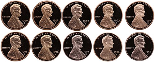1990-1999 S Lincoln Memorial Cent Gem Deep Cameo Proof Run 10 Coin Set US Mint Penny Lot Complete 1990 s Set