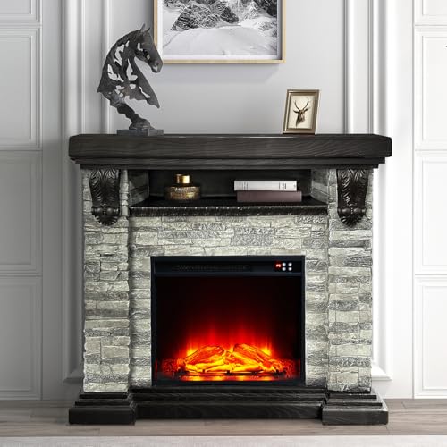45" Electric Fireplace with Mantel,Electric Freestanding Fireplace Heater with 23" Insert Fireplacee,3D Brick Wall Decoration and Remote Control 3D Realistic Flame for Living Room Bedroom(Gray)
