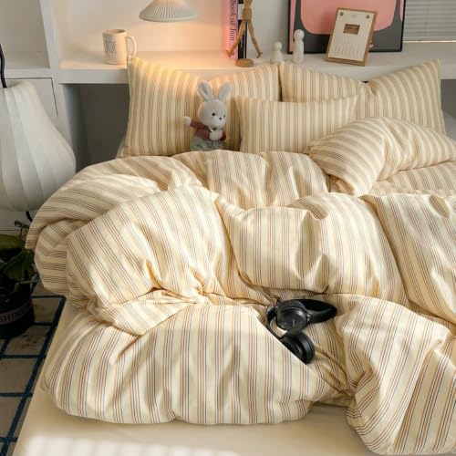 Image of Nayoroom Striped Duvet Cover Queen Cream Yellow Stripe Bedding Set