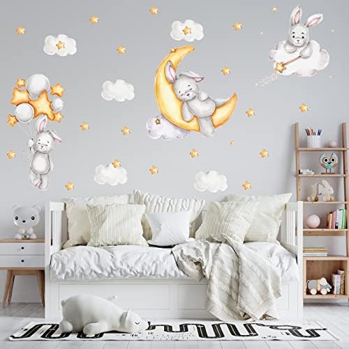 Bunny Sleeping on The Moon Wall Stickers Rabbit Stickers Cloud Moon Wall Decal Baby Boy Girls Moon and Stars Nursery Wall Decor