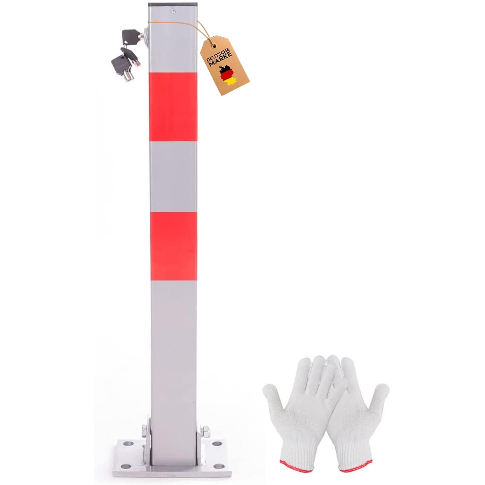 RMAN Parkpfosten mit 5 Schlüssel Absperrpfosten klappbar Parkplatzsperre | 60cm Hoch, Stabile Parkplatzsperre, aus Stahl Reflexionsstreifen, für gute Erkennbarkeit, Silber-Grau-Rot