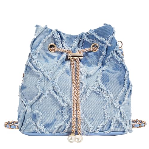 SongKedora Denim Bucket Bag Quilted Drawstring Shoulder Handbag Jean Crossbody Purses Hobo Handbag with Chain Strap (Blue 1)