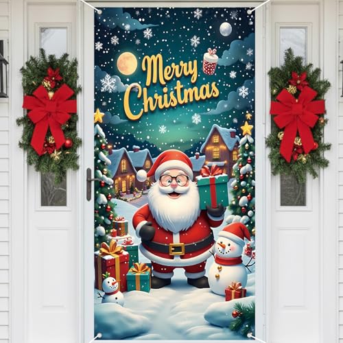Christmas Door Cover Santa Banner Decorations New Year Xmas Decoration Front Door Decoration Christmas Decorations Hanging with Photo Booth Props Background for Party Home Indoor Outdor