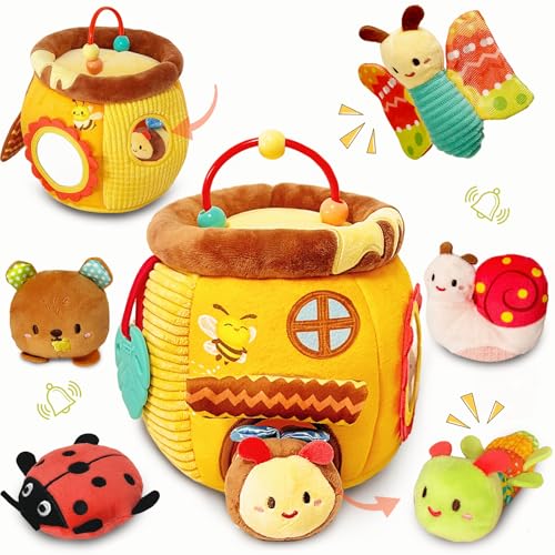 Kulveanju Juguetes para Bebes de 6 a 12 Meses - Casa de Abejas con Peluche Interactivo con 6 Insectos, Juguete Sensorial con Sonajeros, Espejo, Arrugas, Juegos Montessori 1 Año Regalo Bebe