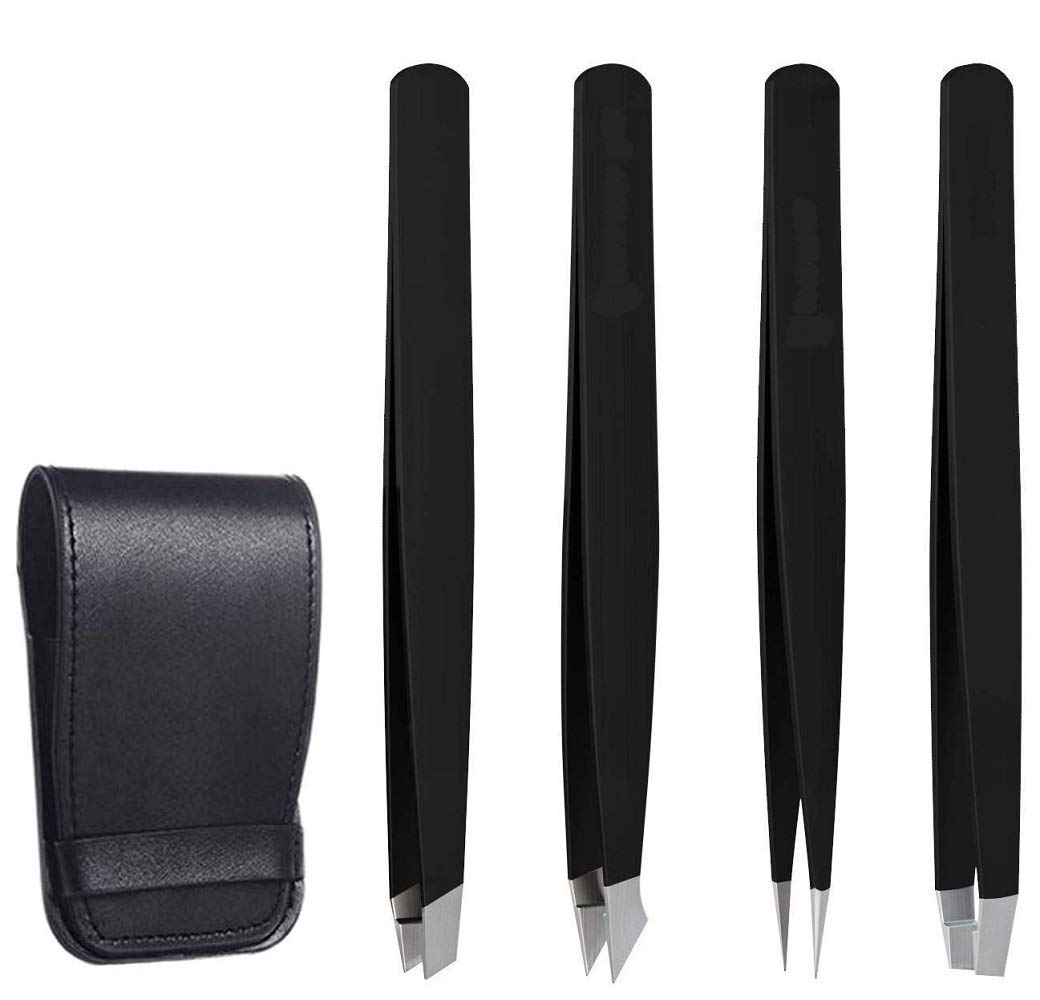NJ Stainless Steel Slant Tip and Pointed Eyebrow Tweezer Set with travel case, 4 Pcs (Black)