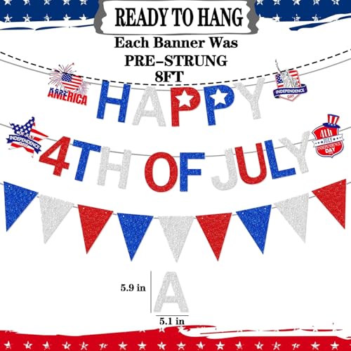 Image of Pre-Strung Happy 4th of July Banner Decorations, Patriotic Happy Fourth of July Blue Red Withe Garland Sign for Independence Day Memorial Day 250 Anniversary Party Celebration Home Office Mantel