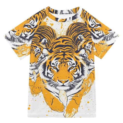 Jucciaco Boys Short Sleeve T-Shirts Tiger Cat Graphic Cool Rashguard Kids Swim Shirts Sun UPF 50+ Multicoloured