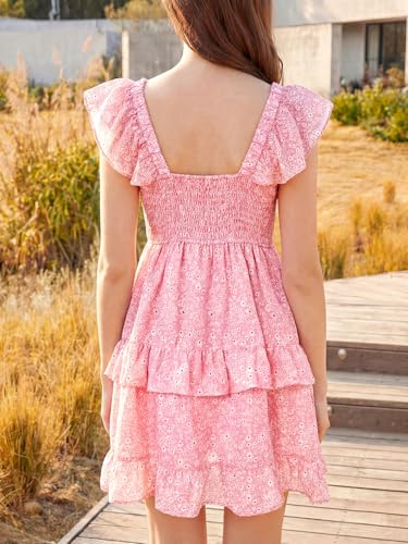 Image of Fessceruna Womens Summer Ruffle Dresses Elastic Empire Waist A-line Layered Swing Flowy Mini Dress