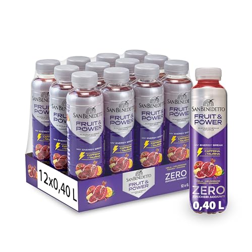 San Benedetto, Energy Drink Fruit & Power Zero, 12x400 ml, Bevanda Energetica a base di Frutta, con Caffeina e Taurina, Zero Zuccheri Aggiunti, un'Alternativa al Caffè Fresca e Gustosa