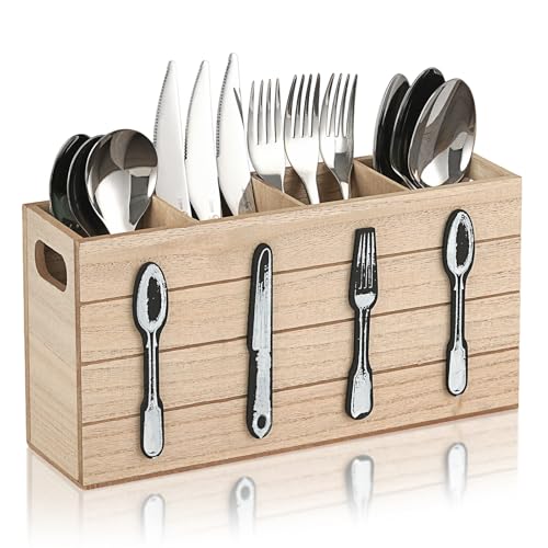 JAZUIHA Soporte para cubiertos de madera con 4 compartimentos, rústico, para mesa, almacenamiento vertical de cubiertos para fiestas, hogar y restaurante