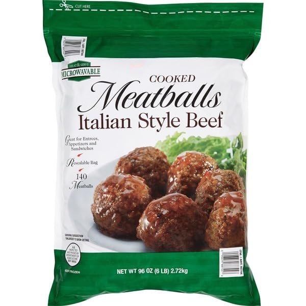 Cooked Italian Style Beef Meatballs; Approximately 140 Meatballs; Resealable Bag . Ingredients : GROUND BEEF, WATER BREAD CRUMBS (ENRICHED BLEACHED WHEAT FLOUR (BLEACHED WHEAT FLOUR, NIACIN, REDUCED IRON, THIAMINE MONONITRATE, RIBOFLAVIN, FOLIC ACID), SALT, LEAVENING (SODIUM BICARBONATE, SODIUM ACID PYROPHOSPHATE, MONOCALCIUM PHOSPHATE) VEGETABLE OIL (CANOLA &/OR SUNFLOWER), DEXTROSE, YEAST, SPICE EXTRACTIVES), SOY PROTEIN CONCENTRATE, DEXTROSE, SALT, MUSTARD, SPICES, DEHYDRATED GREEN BEL PEPPER, DEHYDRATED RED BELL PEPPER, PARMESAN CHEESE [ 96 oz , 6 lb ]