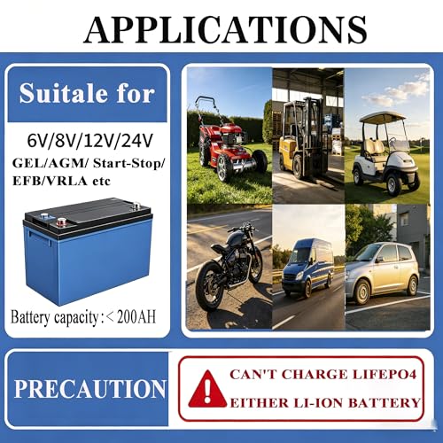 Etrogo Ładowarka do akumulatora samochodowego, inteligentna ładowarka pulsacyjna 6 V/8 V/12 V/14 V/16 V/24 V 250 W 10 A z automatycznym wykrywaniem, naprawą, funkcją konserwacji