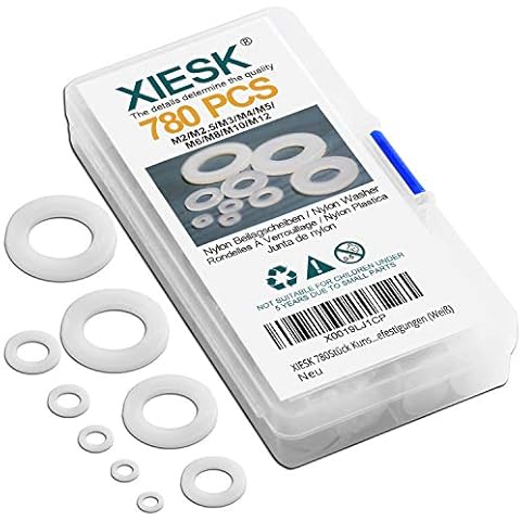 XIESK 780Stück Kunststoff Unterlegscheiben Flach Unterlegscheiben M2 M2.5 M3 M4 M5 M6 M8 M10 M12 Nylon Beilagscheiben Korrosionsfreie für Industrie Befestigungen (Weiß) Cover