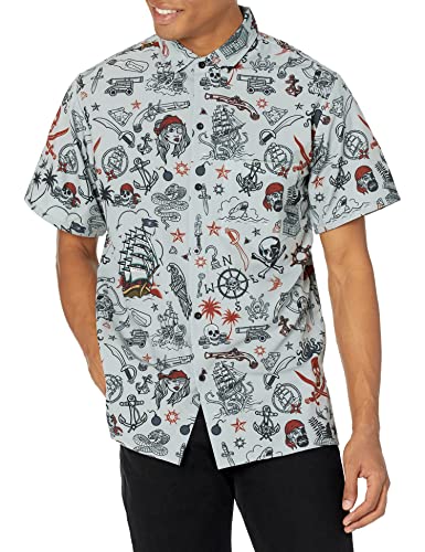 Funny Guy Mugs Mens Pirate Hawaiian Print Button Down Short Sleeve Shirt, Medium