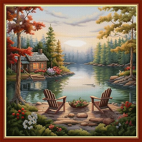 Image of Findvoor Stamped Cross Stitch Kits for Beginners Full Range of Cross Stitching Embroidery Pattern for Adults, 11CT DIY Needlepoint Embroidery Starter Kits-Rest Lake 17.7x17.7 inch