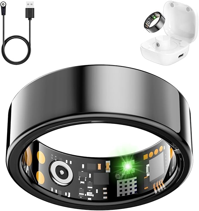 Smart Health Ring for Women Men, Fitness Tracker Ring with Heart Rate, Blood Oxygen, Sleep Tracker, Step Tracker, No Subscription Fee, IP68 Waterproof Smart Ring for iPhone &amp; Android (Black, 9#