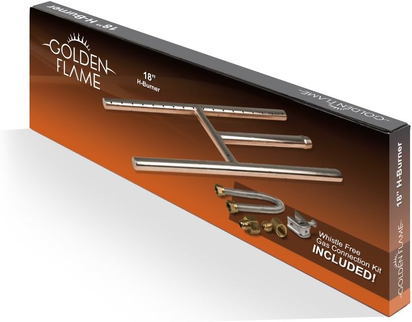 Golden Flame 18 x 6 in H-Burner, Natural Gas Fireplace & Fire Pit, 304 Stainless Steel, Machine-Drilled Ports, Whistle-Free Connection Kit