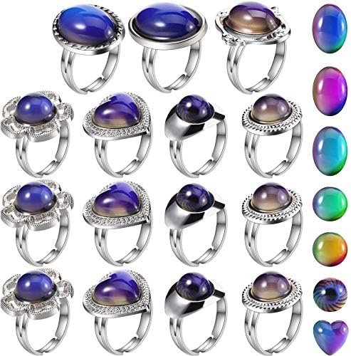 Hicarer 15 Pieces Adjustable Mood Rings for Girls and Boys Mixed Color Changing Mood Rings for Halloween Costume Props Birthday Party Favors and Goodie Bag Fillers