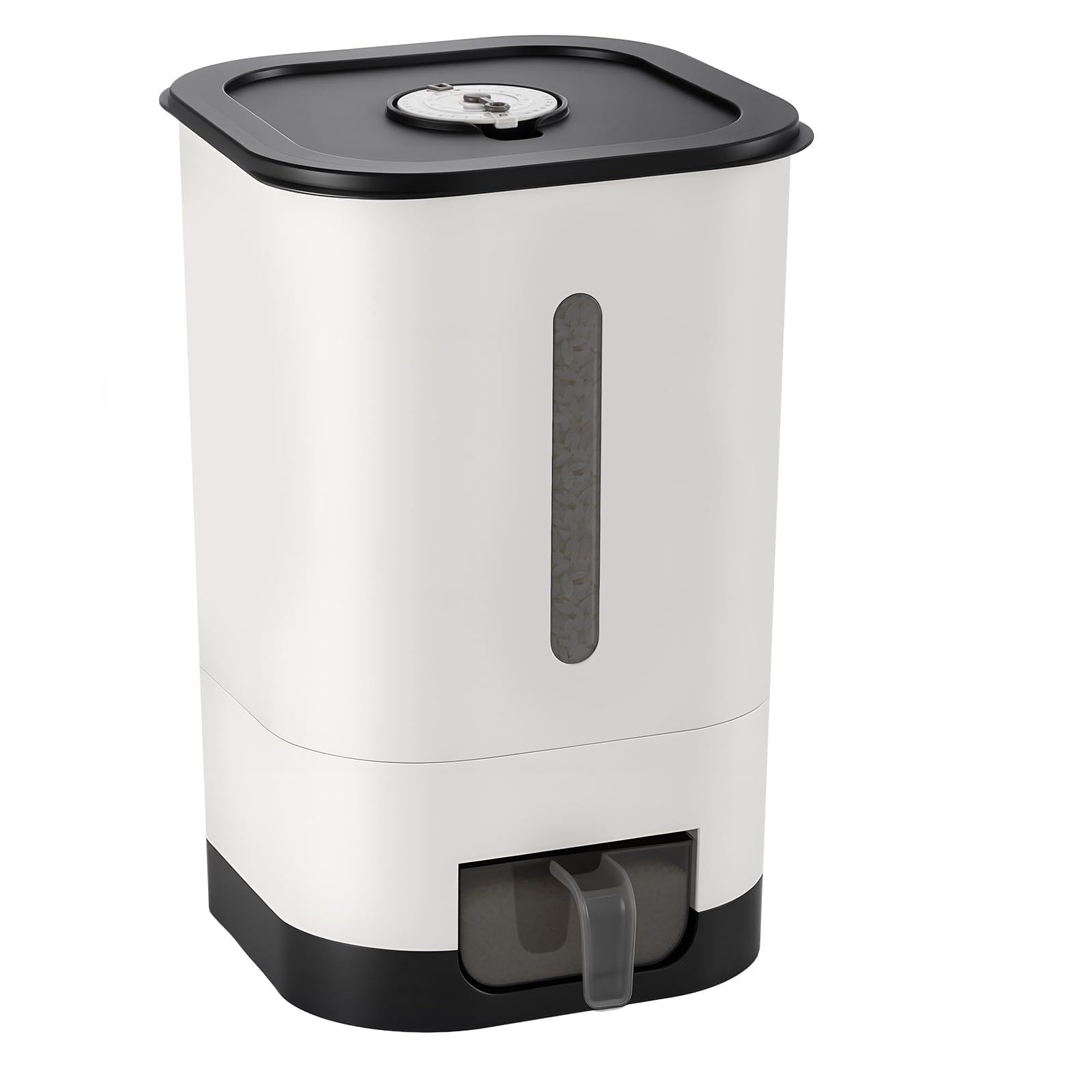 BREEZENEST Rice Storage Container 14LB/25LB Durable Plastic Rice Bin (White&Black/Transparent&Black) for Kitchen Dry Grain Storage (White&Black, 25LB)