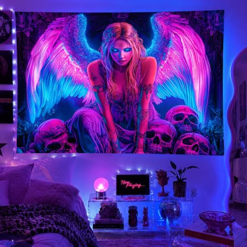 Image of BlissYard Blacklight Gothic Tapestry 78x59 Inch Womens Tapestry | Cool Girl Art Skull Trippy Wall Art, Uv Reactive Glow In the Dark Psychedelic Wall Hanging for Bedroom Dorm Room Decor