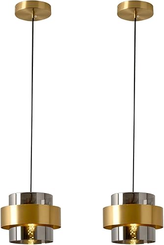 Luces colgantes doradas para isla de cocina, paquete de 2 lámparas colgantes de techo de latón con pantalla de vidrio gris ahumado, lámpara moderna