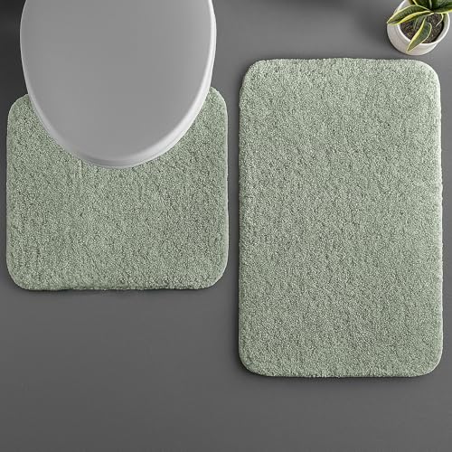 Image of LUXE HOME INTERNATIONAL Polyester Contour Bath Mat - Washable, Anti Skid, Water Absorbent Contour Mats for Bathroom, Toilet, Wash Basin & Bathroom Contour Mat Set (Pastel Green, 45x 75 cm & 40x45)