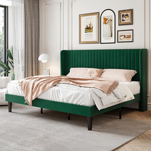 Image of SHA CERLIN King Size Velvet Bed Frame, Tufted Wingback Headboard, Green | 47'' Modern Vertical Channel Headboard, Upholstered Platform Bed, Wood Slats, No Box Spring Needed, Easy Assembly, Noise Free