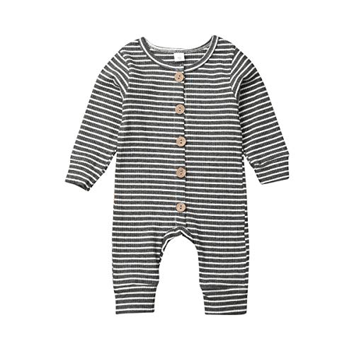 Infant Baby Boy Girl Long Sleeve Romper Jumpsuit with Bottons Playsuit Outfit Clothes (Striped-Black, 12-18 Months)
