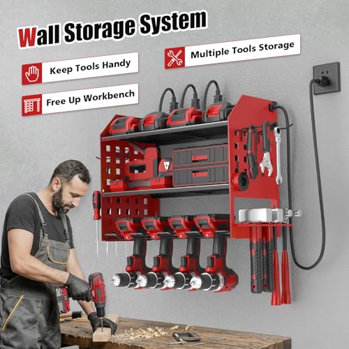 Image of SUNALLY Power Tool Organizer Wall Mount with Charging Station,3 Layer Metal Tool Storage Rack with 4 Drill Holders, Heavy Duty Power Tool Shelf for Garage, Warehouse, Workshop, Gifts for Men, Husband