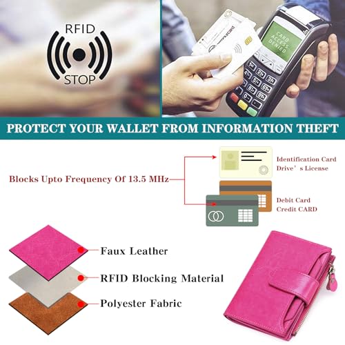 Image of FALAN MULE Small Wallet for Women Genuine Leather Bifold Compact RFID Blocking Small Womens Wallet, AP-Rose Red, Casual