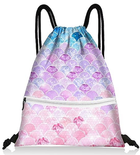 Slohif Drawstring Backpack Beach Swim Bag for Kids Draw String Dance Travel Cinch Ballet Gym Bags for Girls Boys Mermaids Waterproof Backpack for Swimming Summer Camp Pool Sports Nylon Large