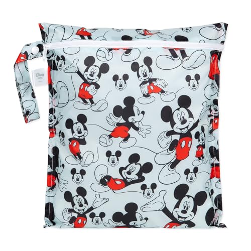 Image of Bumkins Disney Waterproof Wet Bag for Baby, Travel, Swim Suit, Cloth Diapers, Pump Parts, Pool, Gym Clothes, Toiletry, Strap to Stroller, Daycare, Zipper Reusable Bag, Packing Pouch, Mickey Mouse
