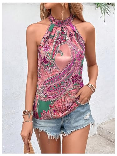 Image of RoseSeek Women's Tropical Paisley Halter Blouse Boho Shirt Vacation Tops | Polka Dots Print, Halter Tops, Summer Tops, Going Out Tops, Beach, Dressy Tops, Boho Blouses